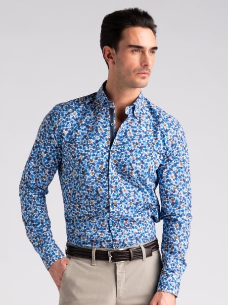Camicia uomo in popeline blu con stampa floreale 2