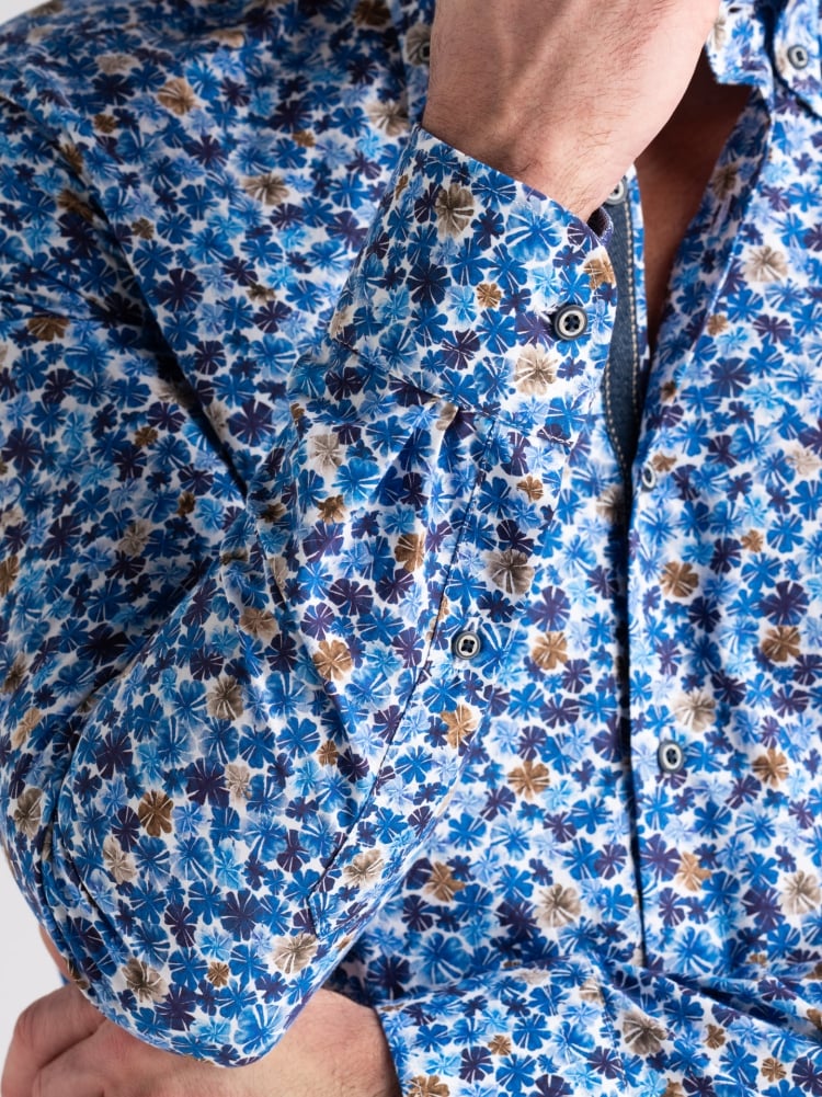 Camicia uomo in popeline blu con stampa floreale