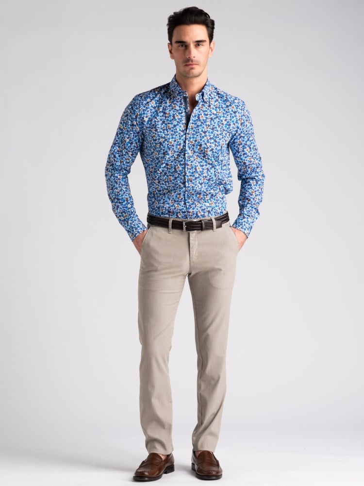 Camicia uomo in popeline blu con stampa floreale