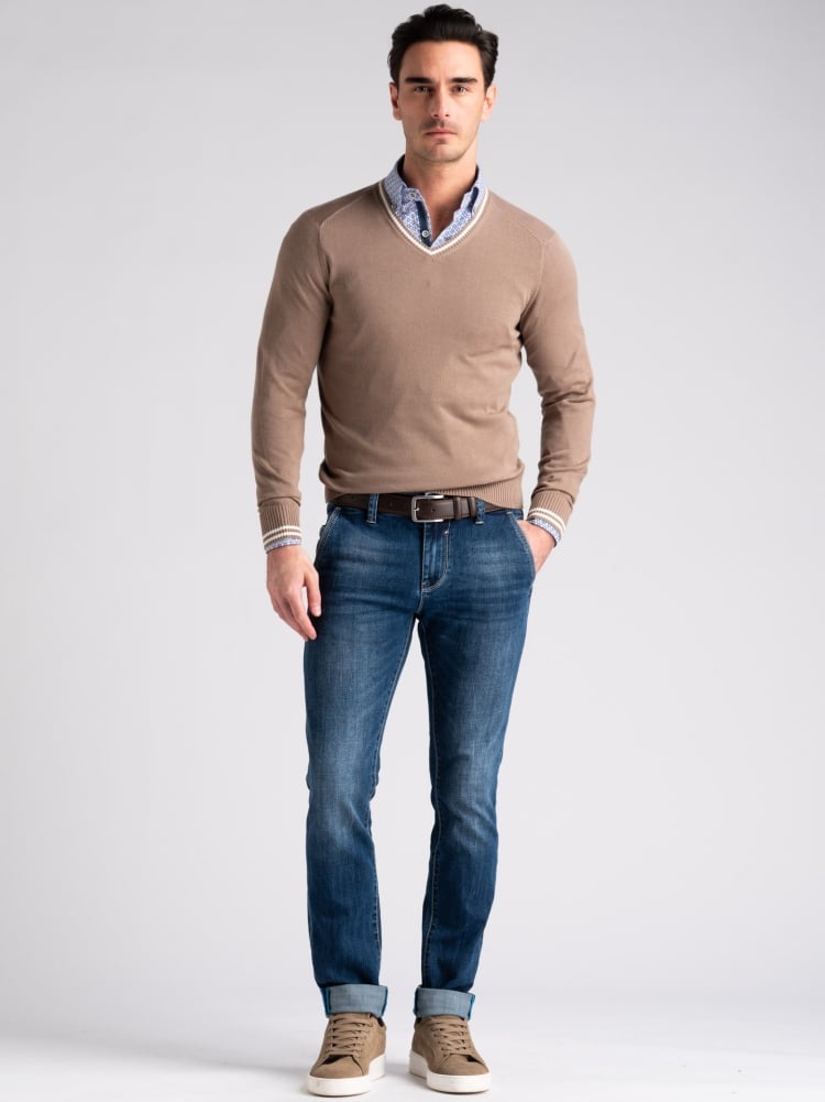 Maglia uomo in cotone scollo a V con contrasti