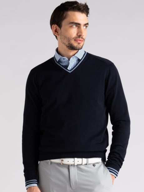 Maglia uomo in cotone scollo a V con contrasti 2