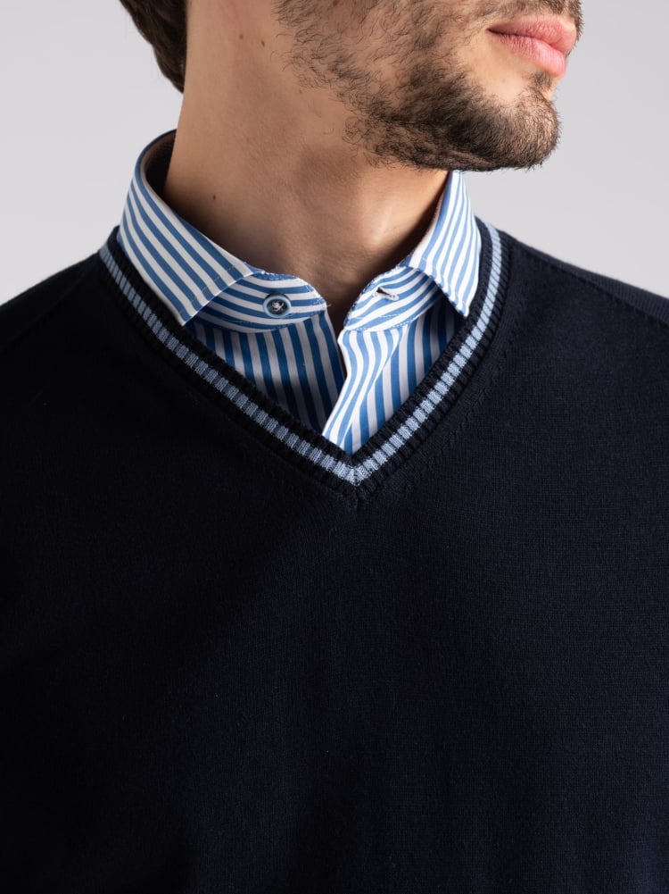 Maglia uomo in cotone scollo a V con contrasti