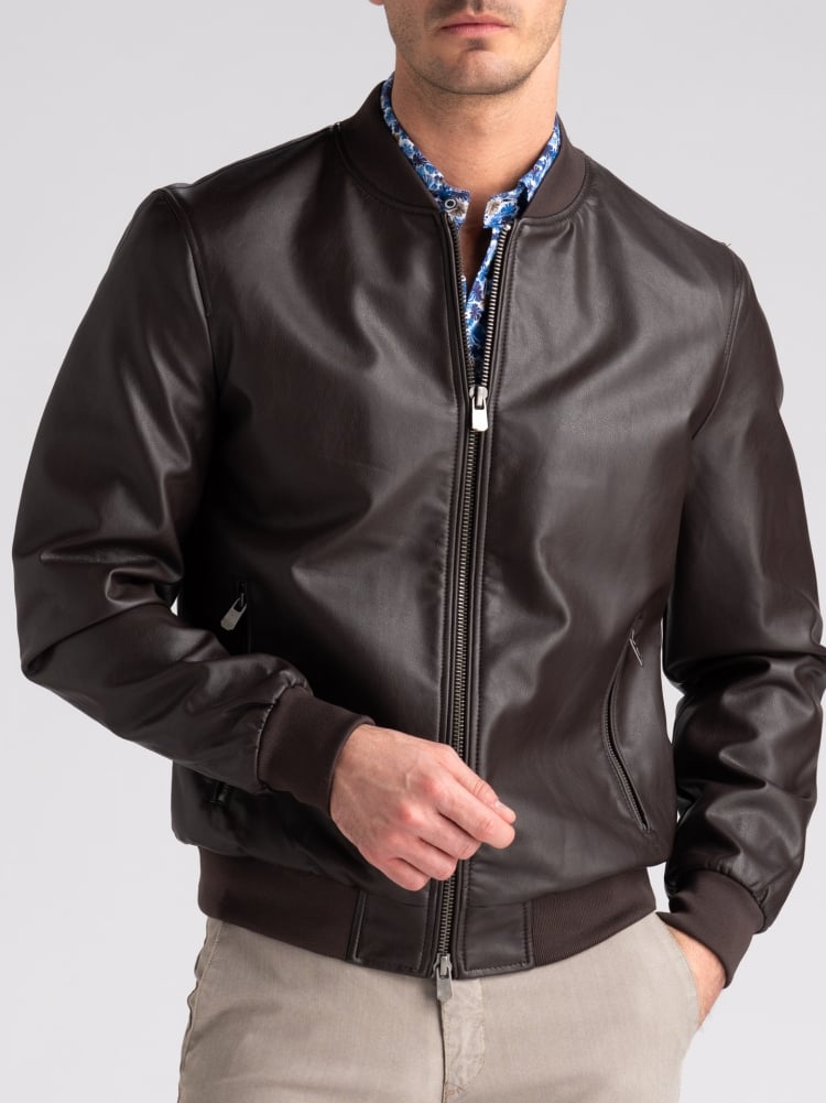 Giubbino uomo bomber in ecopelle moro