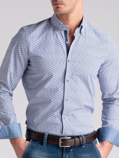 Camicia uomo in popeline stampa geometrica blu button down