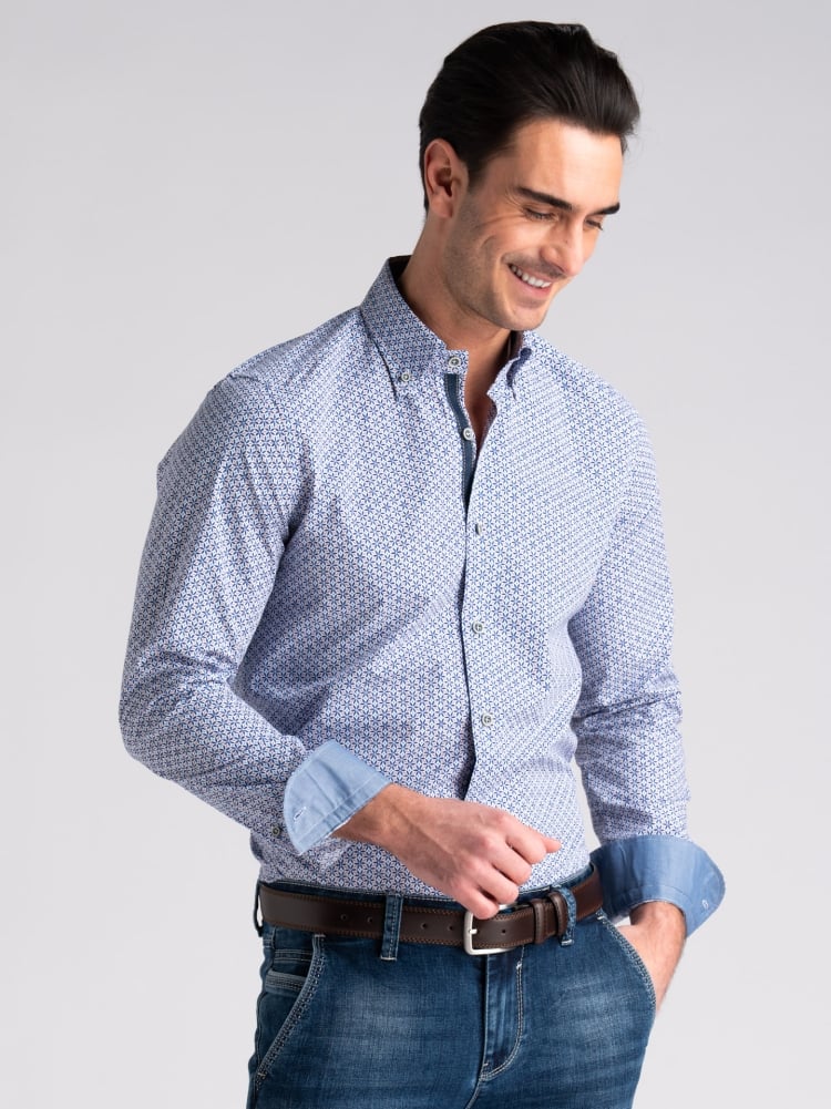 Camicia uomo in popeline stampa geometrica blu button down