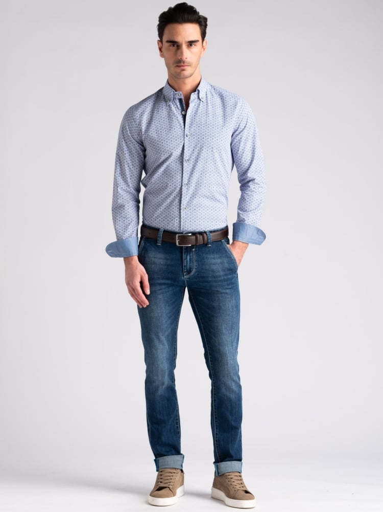 Camicia uomo in popeline stampa geometrica blu button down