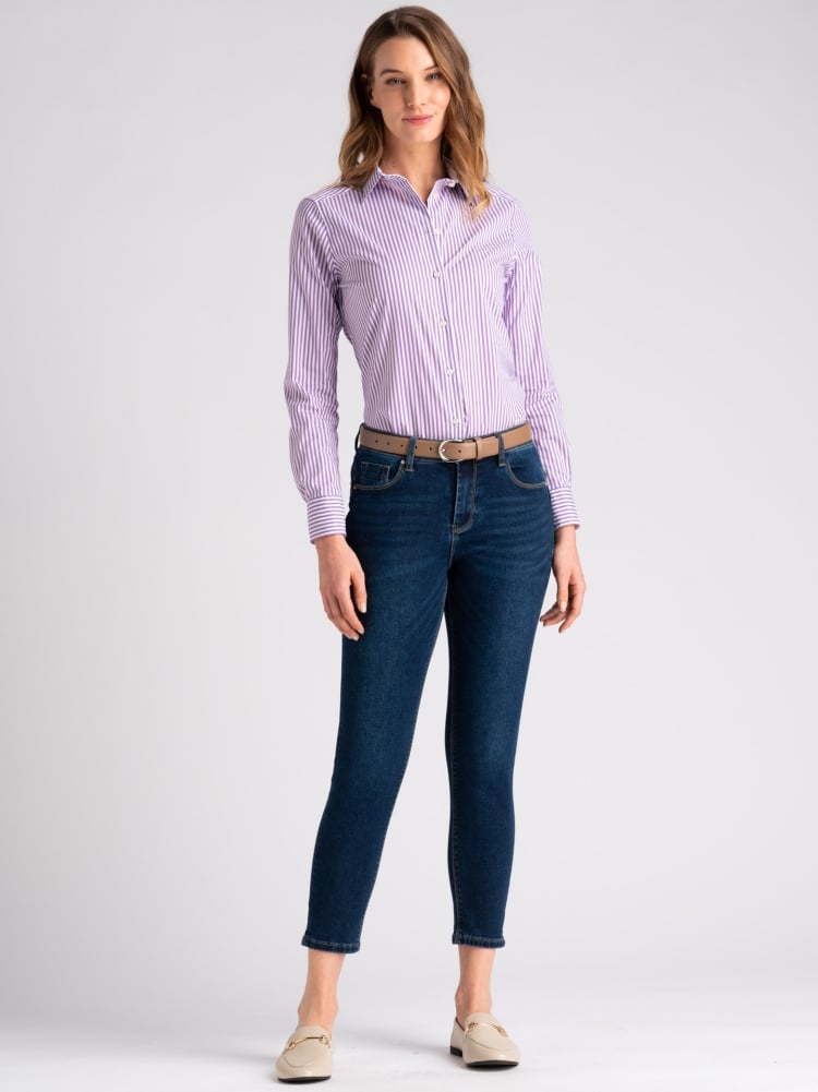 Camicia donna in popeline stretch rigato lilla
