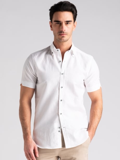 Camicia uomo mezza manica misto lino bianca button down Invidia 1973