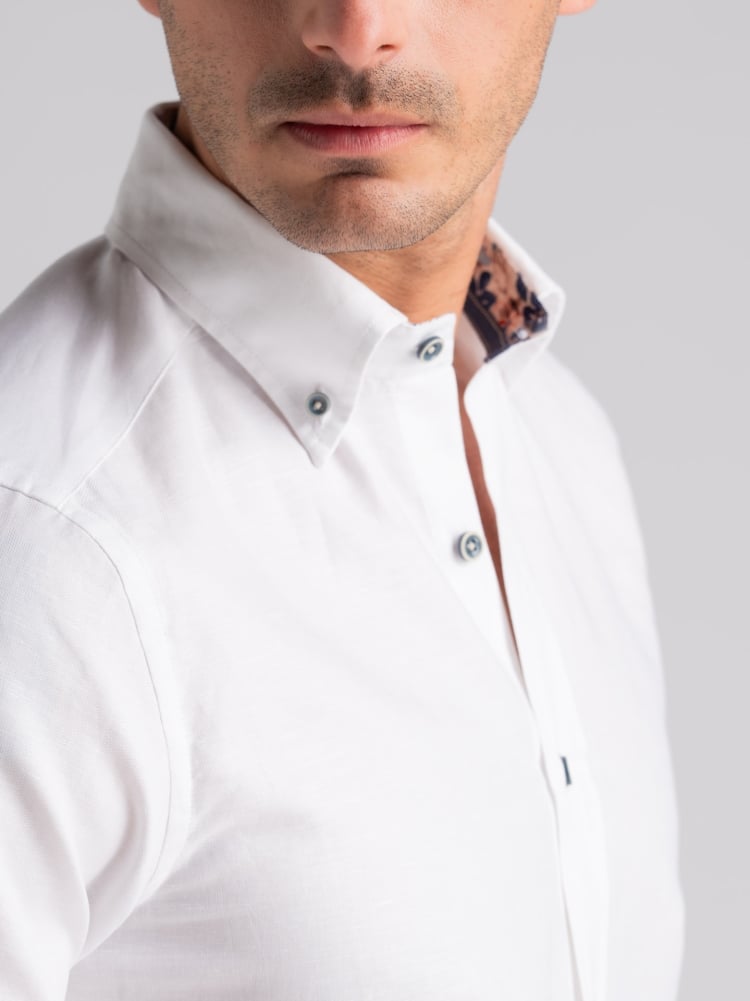 Camicia uomo mezza manica misto lino bianca button down Invidia 1973