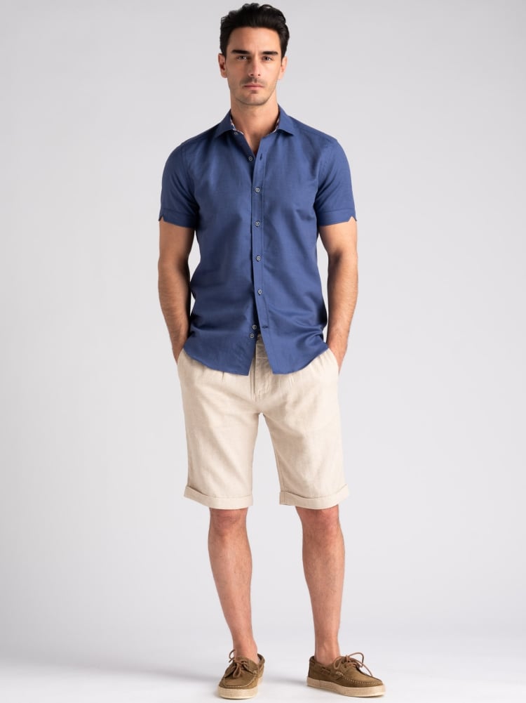 Camicia uomo mezza manica misto lino blu semi francese Invidia 1973