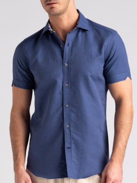 Camicia uomo mezza manica misto lino blu semi francese Invidia 1973