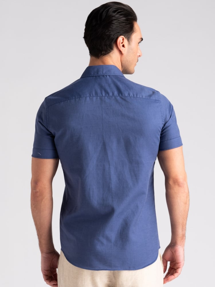 Camicia uomo mezza manica misto lino blu semi francese Invidia 1973