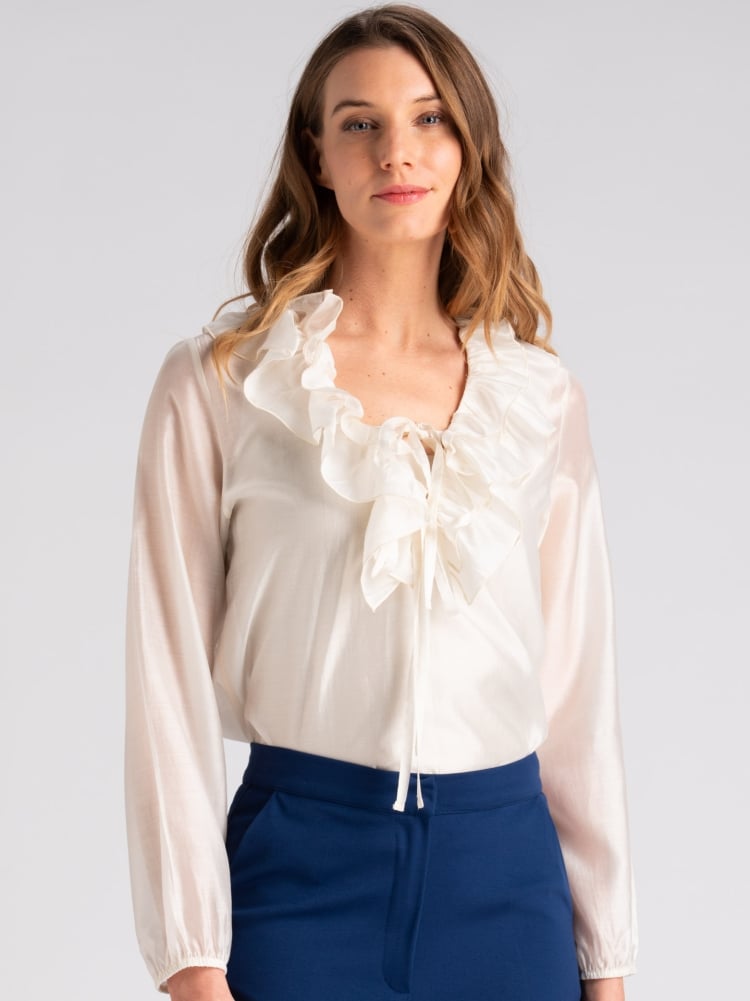 Camicia donna in mussola bianca con doppio volantInvidia 1973