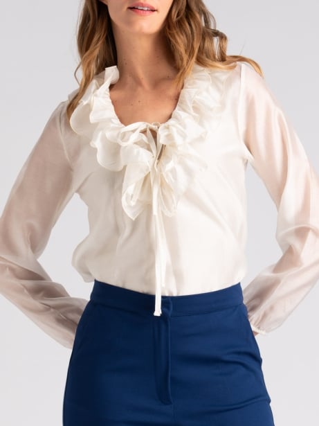 Camicia donna in mussola bianca con doppio volantInvidia 1973
