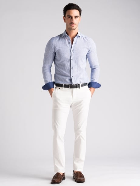 Camicia uomo misto lino rigata blu semi francese Invidia 1973 2