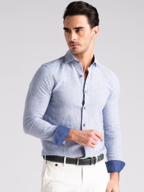 Camicia uomo misto lino rigata blu semi francese Invidia 1973