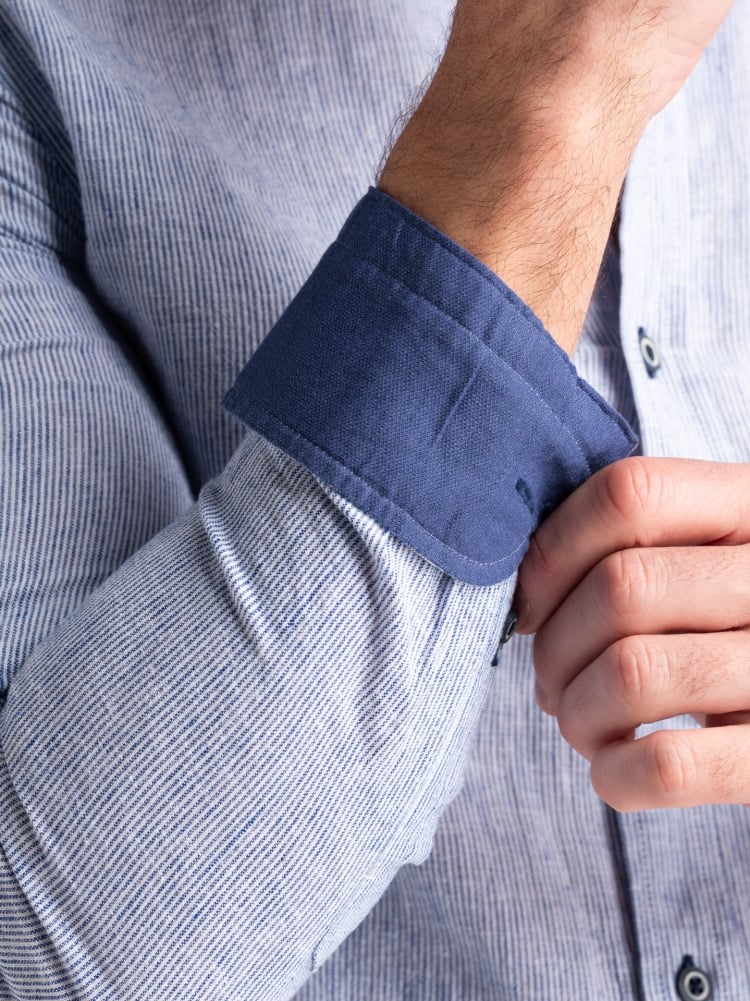 Camicia uomo misto lino rigata blu semi francese Invidia 1973