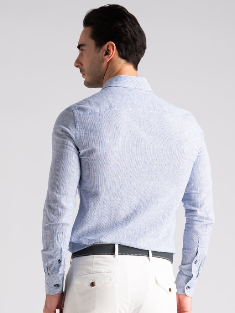 Camicia uomo misto lino rigata blu semi francese Invidia 1973
