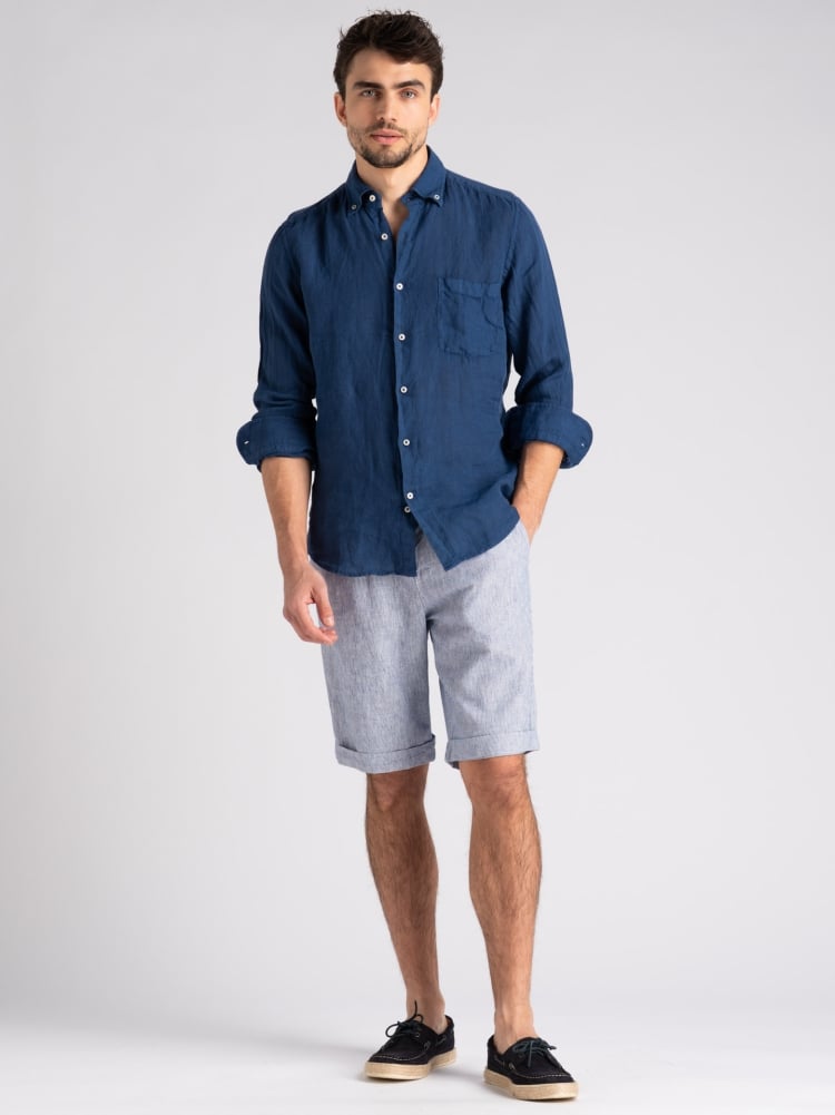 Camicia uomo navy in lino con collo coreano e tasca Invidia 1973