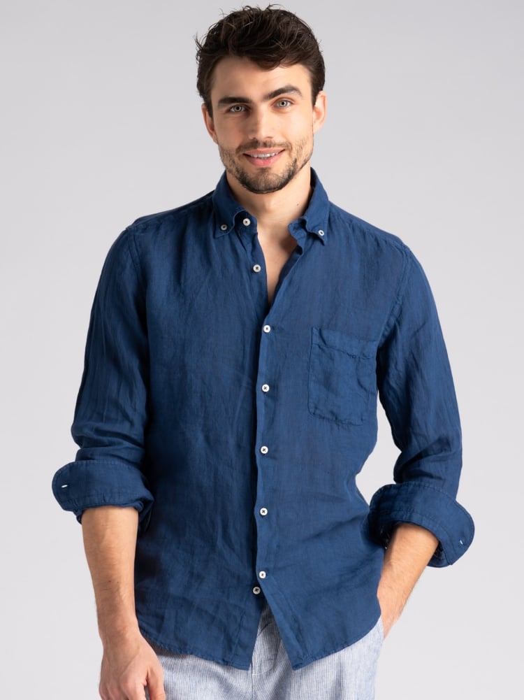 Camicia uomo navy in lino con collo coreano e tasca Invidia 1973
