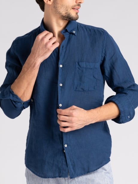 Camicia uomo navy in lino con collo coreano e tasca Invidia 1973