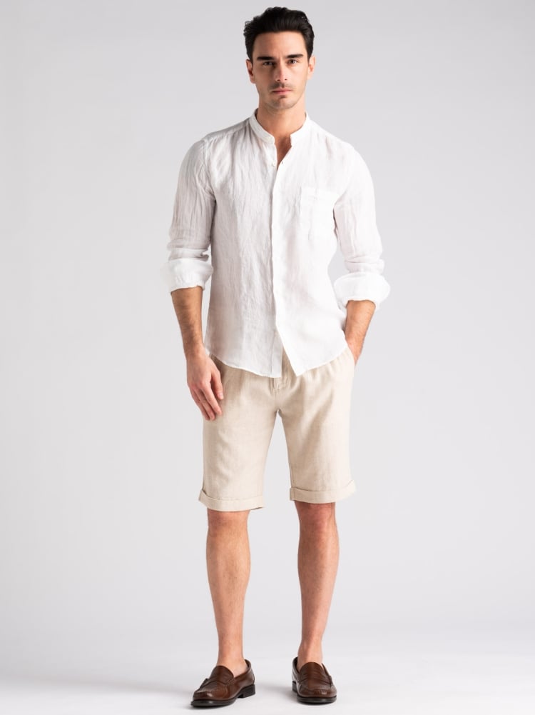 Camicia uomo bianca in lino con collo coreano e tasca Invidia 1973
