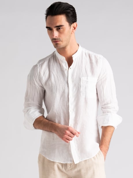 Camicia uomo bianca in lino con collo coreano e tasca Invidia 1973 2