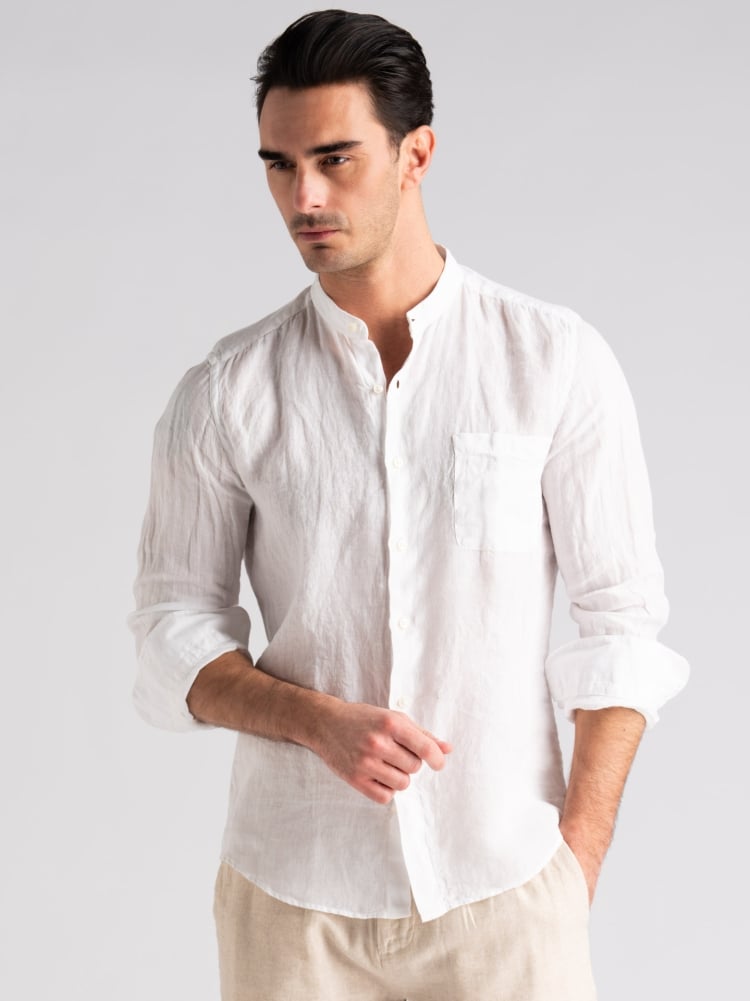 Camicia uomo bianca in lino con collo coreano e tasca Invidia 1973