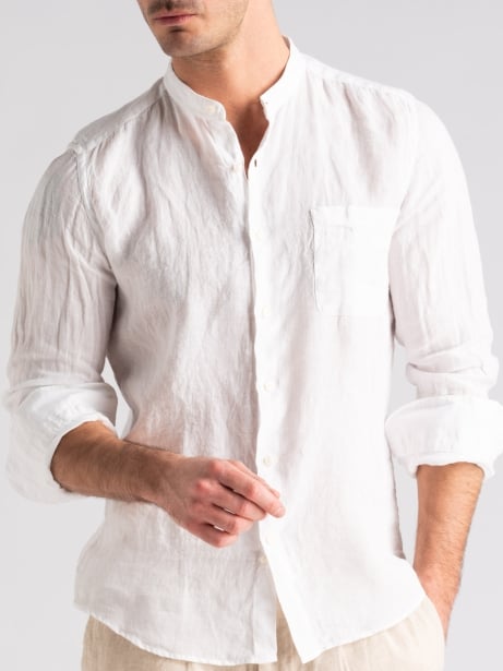 Camicia uomo bianca in lino con collo coreano e tasca Invidia 1973