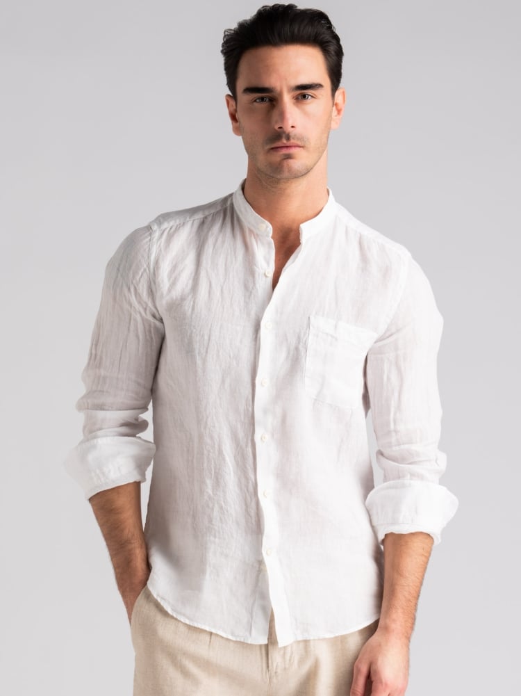Camicia uomo bianca in lino con collo coreano e tasca Invidia 1973