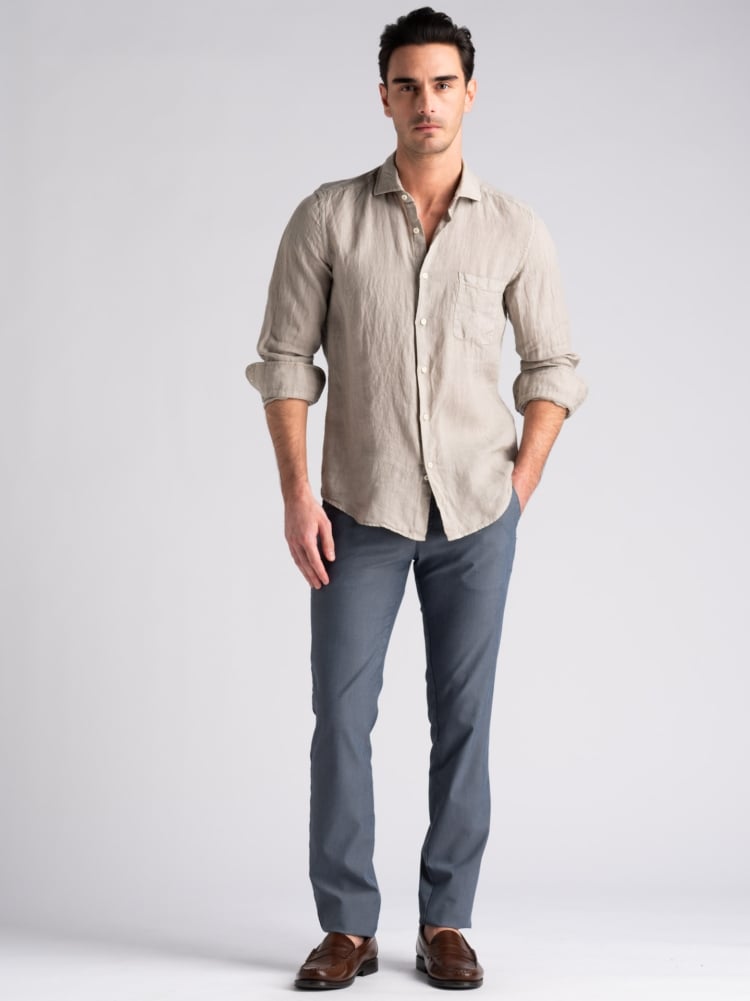Camicia uomo sabbia in lino con collo coreano e tasca Invidia 1973