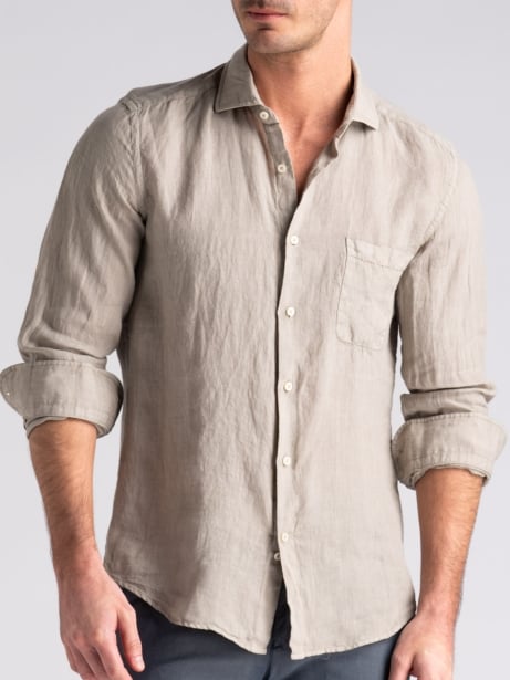 Camicia uomo sabbia in lino con collo coreano e tasca Invidia 1973