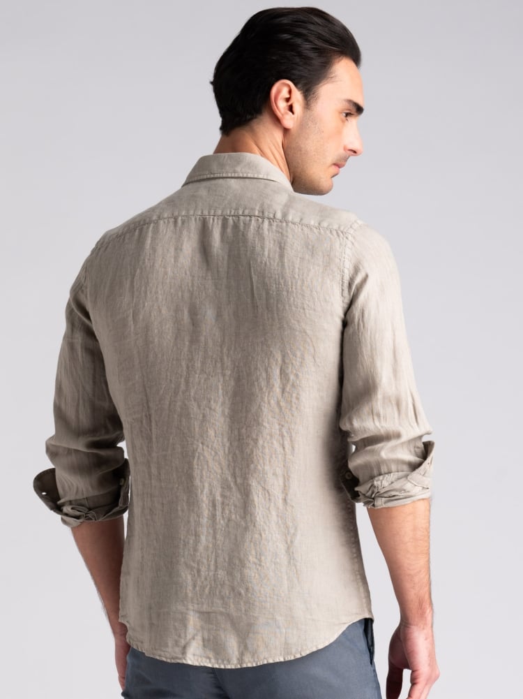 Camicia uomo sabbia in lino con collo coreano e tasca Invidia 1973