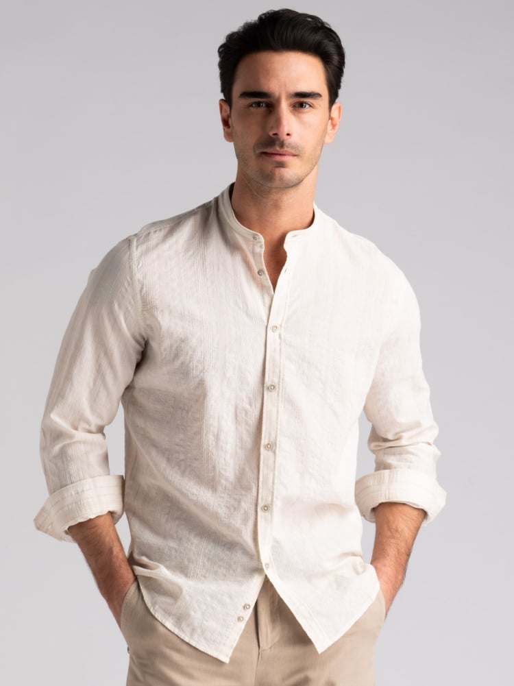 Camicia uomo operata beige effetto panama collo coreano Invidia 1973