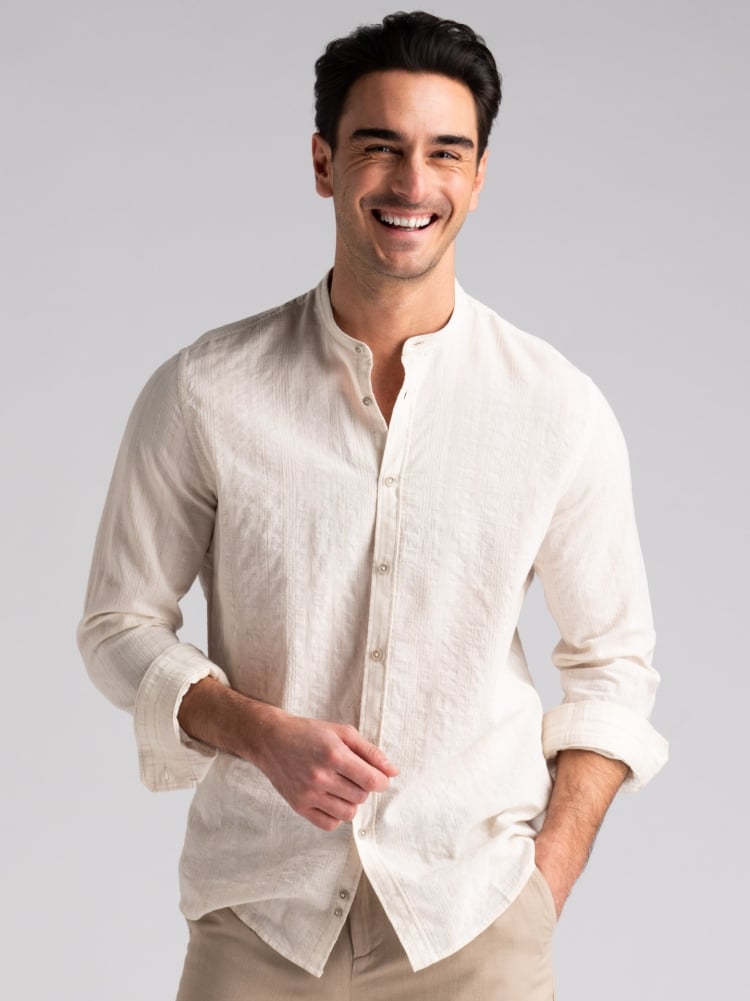 Camicia uomo operata beige effetto panama collo coreano Invidia 1973
